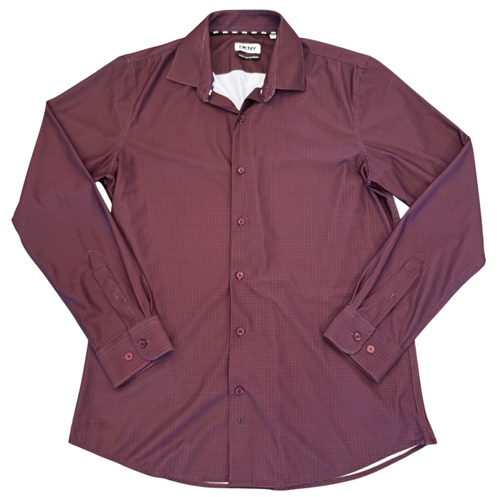 DKNY Mens Slim Fit 8-Way Stretch Dress Shirt Burgundy Micro Grid Large 16-16.5